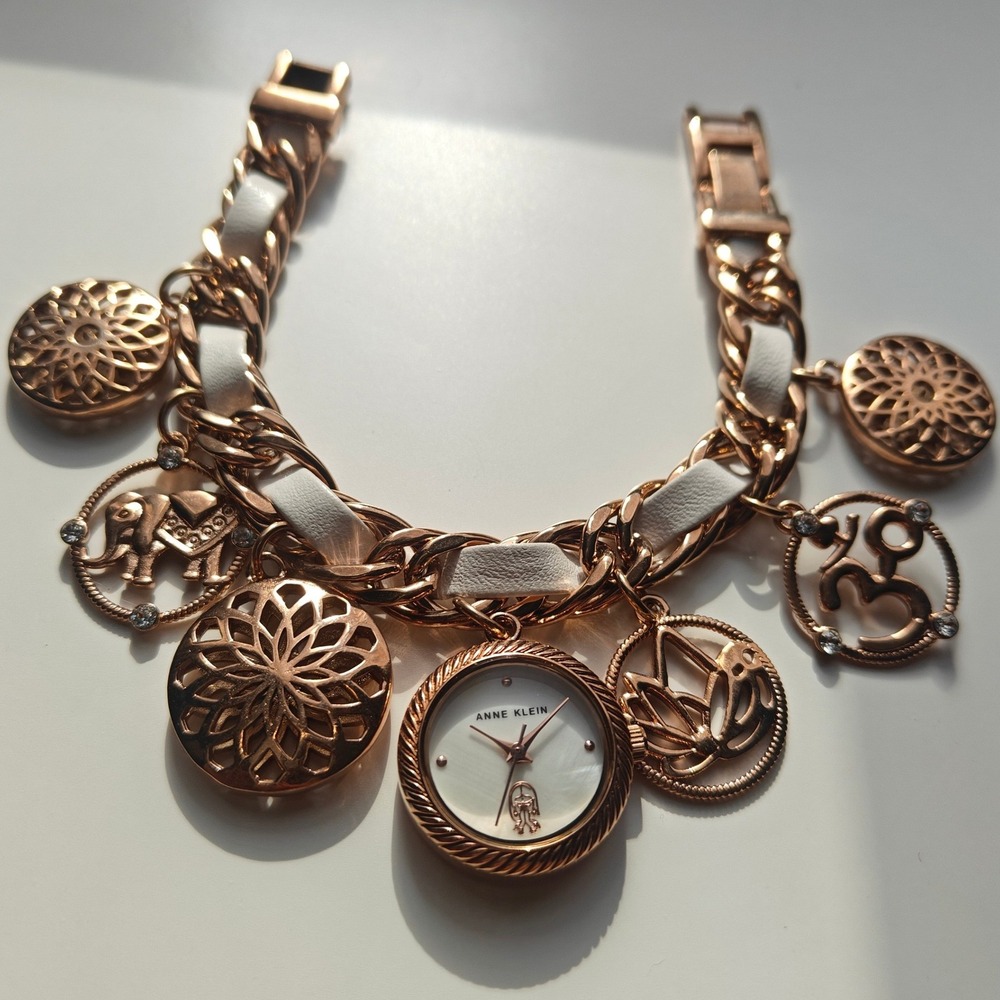 Anne Klein Rose Gold White Charm Bracelet Leather Chain Watch Elephant Om Lotus